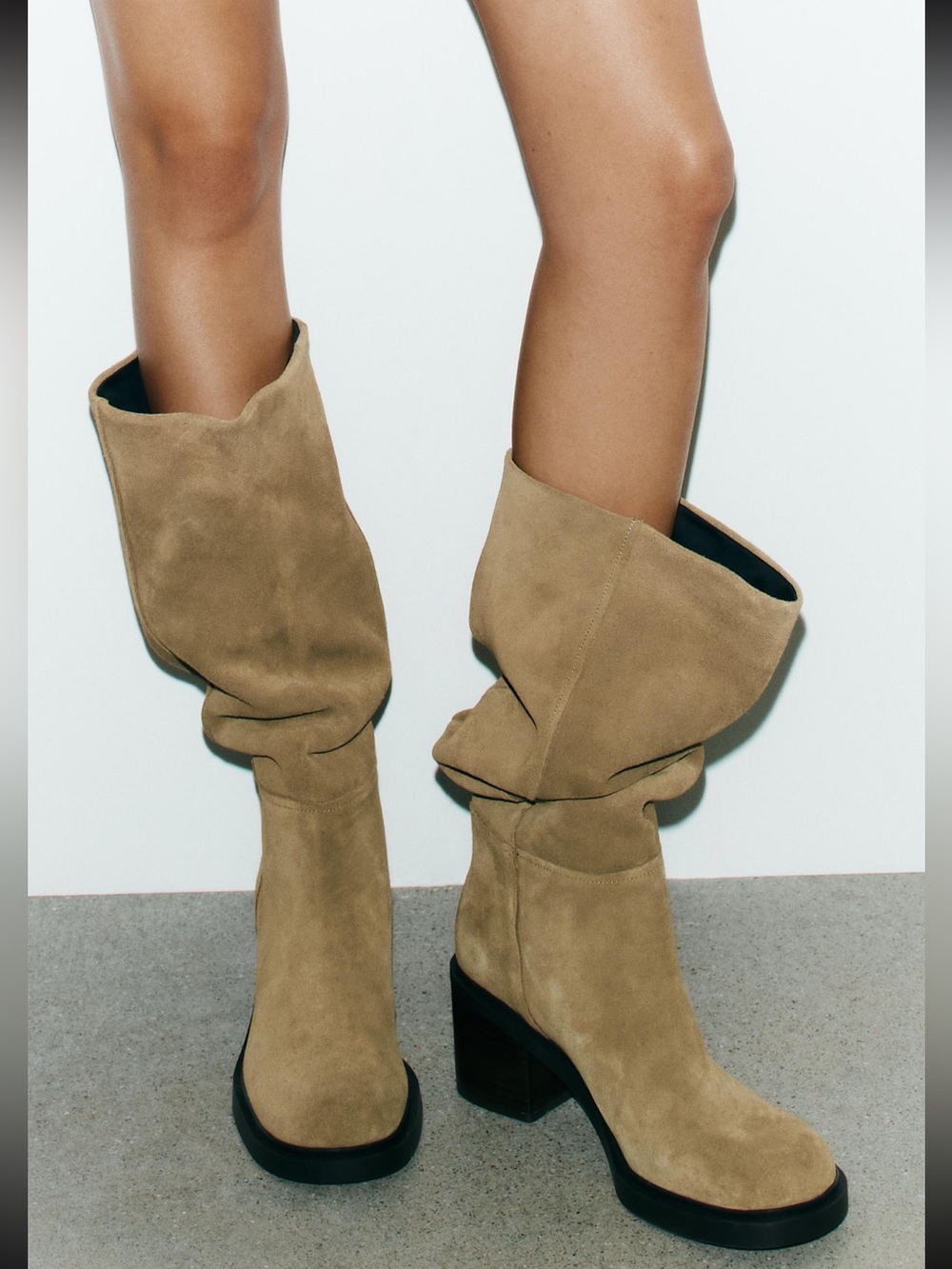 ZARA Split Suede Heeled Slouch Boots Taupe Grey Leather Size 9 NWT